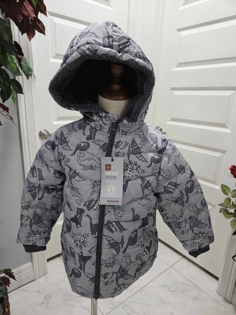 Swiss Tech Gray Dinosaur-Print Hooded Puffer Jacket